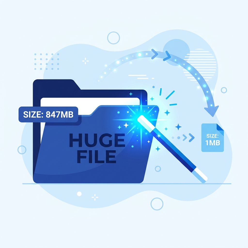 Illustration showing a magic wand shrinking a large folder file to 1MB