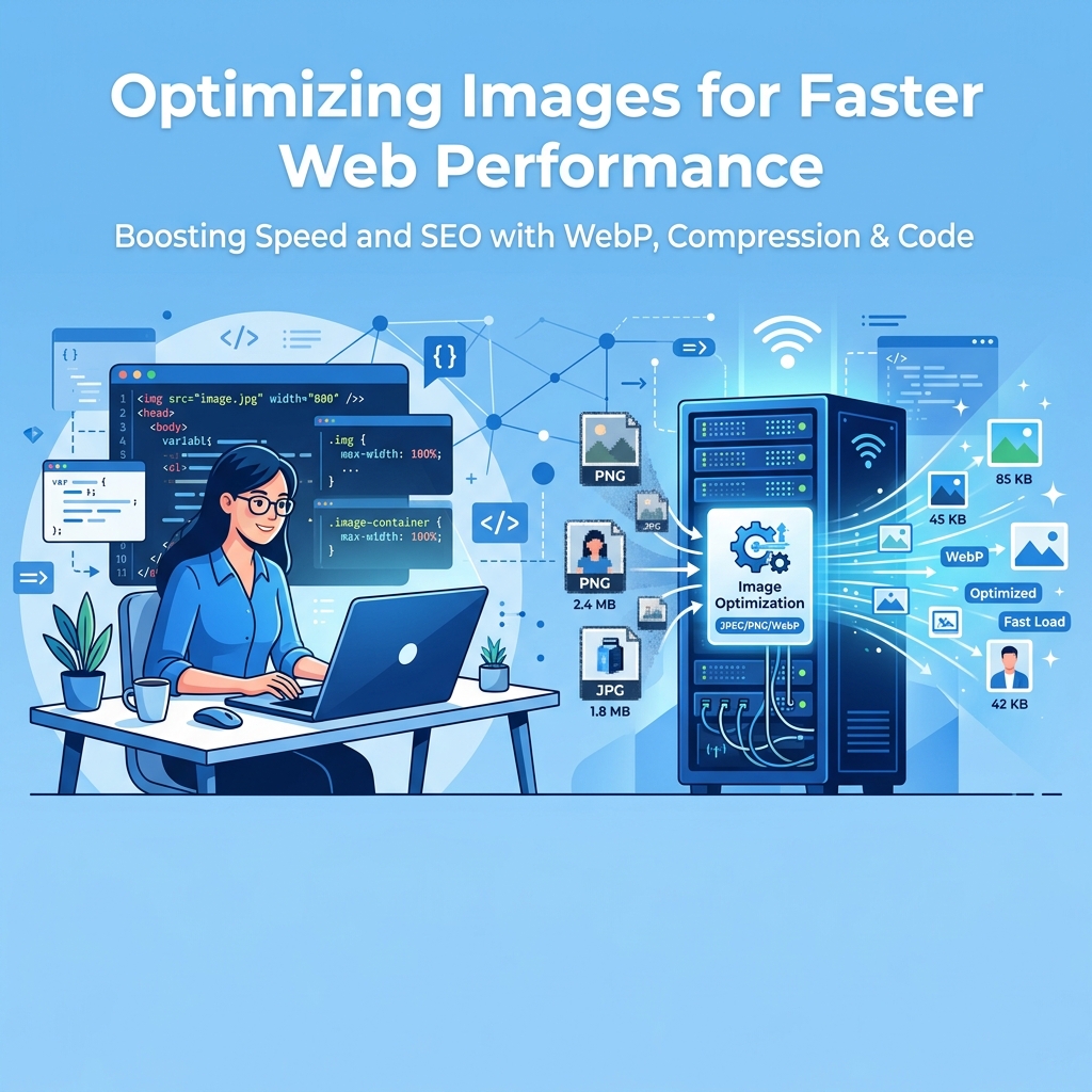 Illustration of a web developer optimizing images on a server to WebP